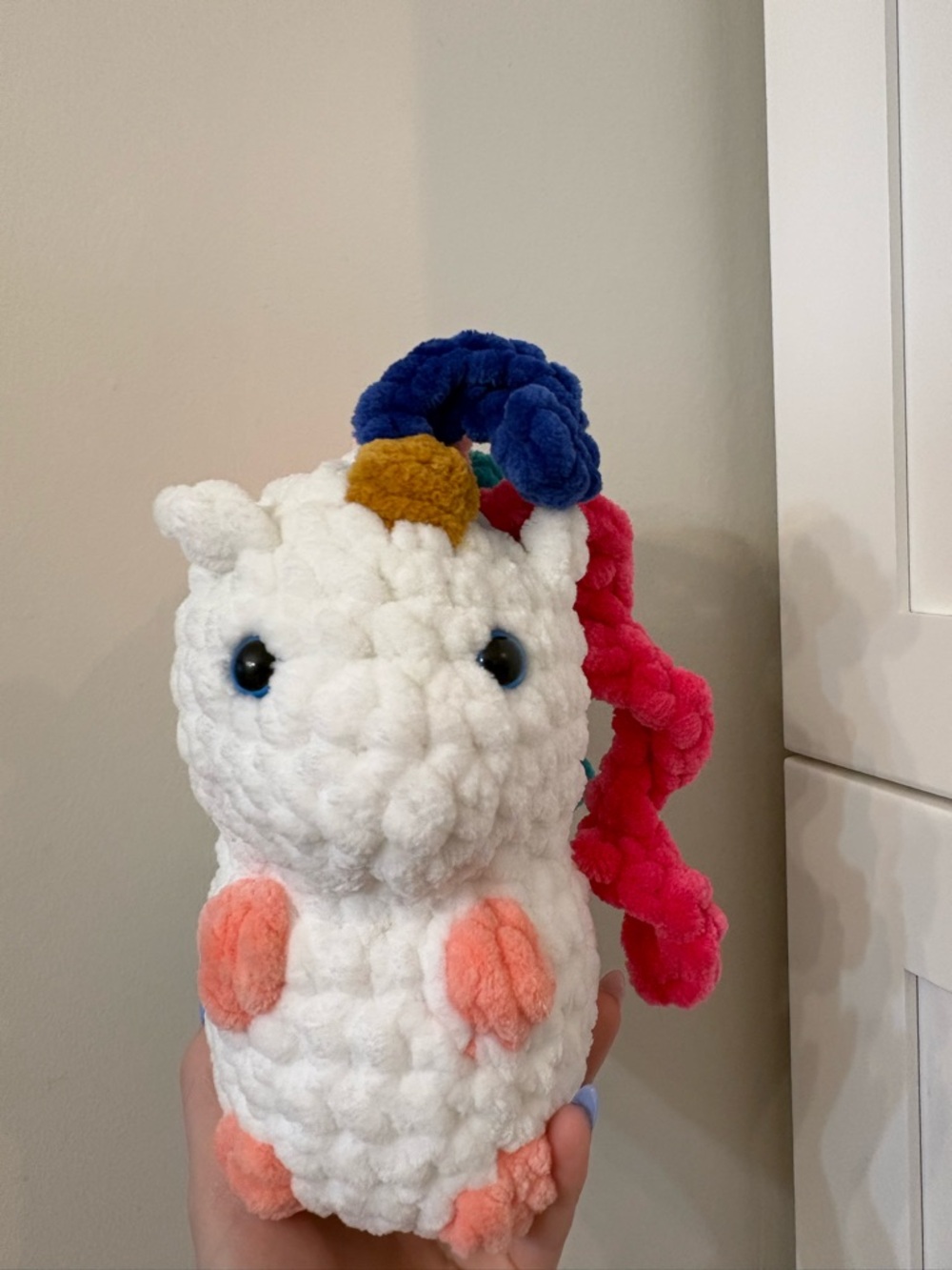 Handmade Plush White Crochet Unicorn with Multicolor Mane
